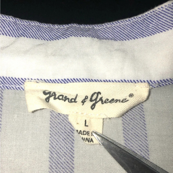 Grand&Greene Button Up Shirt L Striped Purple White Short Sleeve Boho Liteweight - Picture 2 of 11